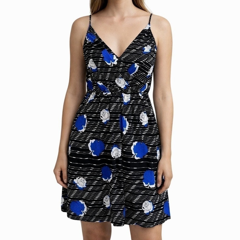 Yumi Kim Silk Dress Small Floral Print Black Blue Spaghetti Strap V-Neck Mini